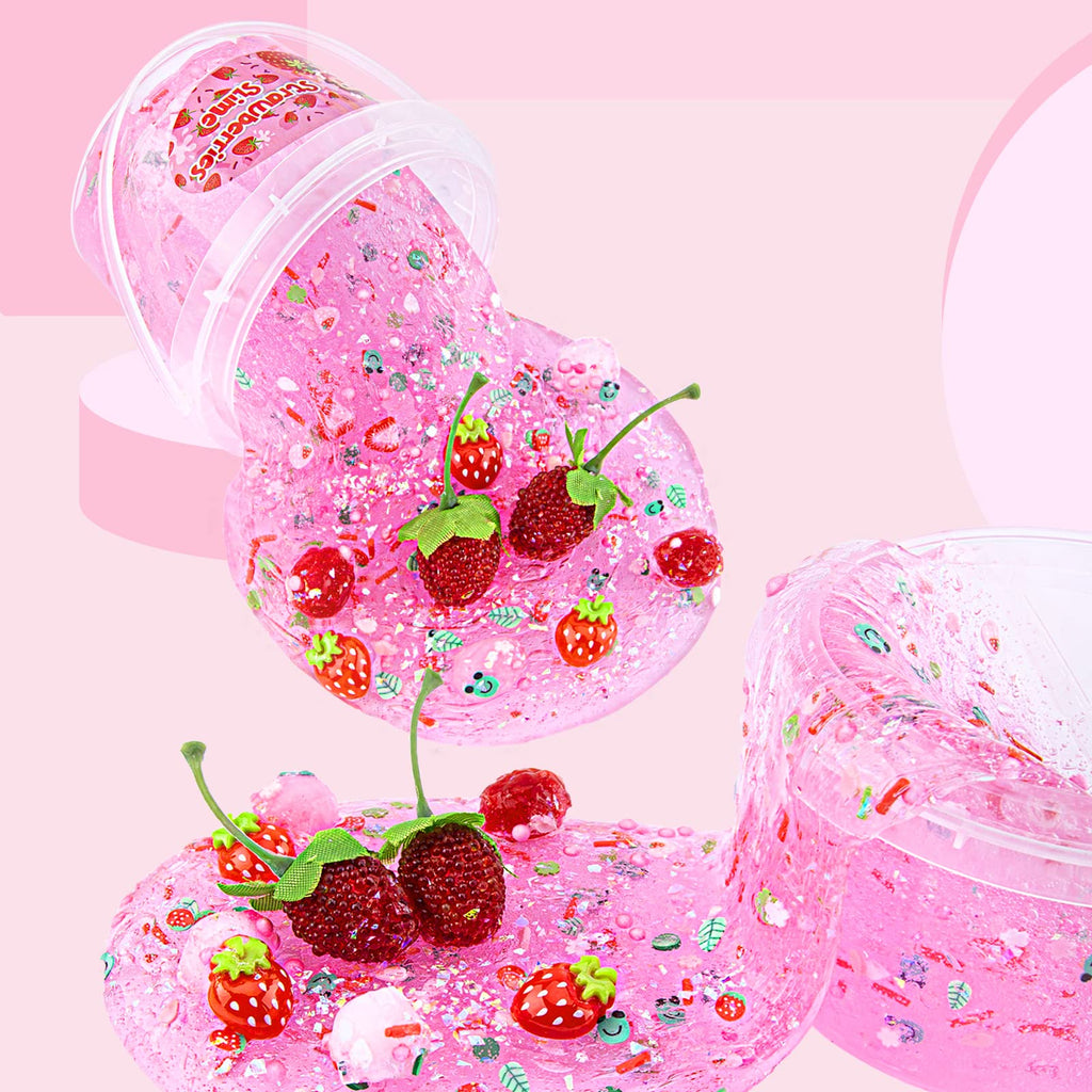 Pink Strawberry Jelly Cube Slime with 8 Add-ins - Crystal Clear Glimmer Crunchy Slime for Kids