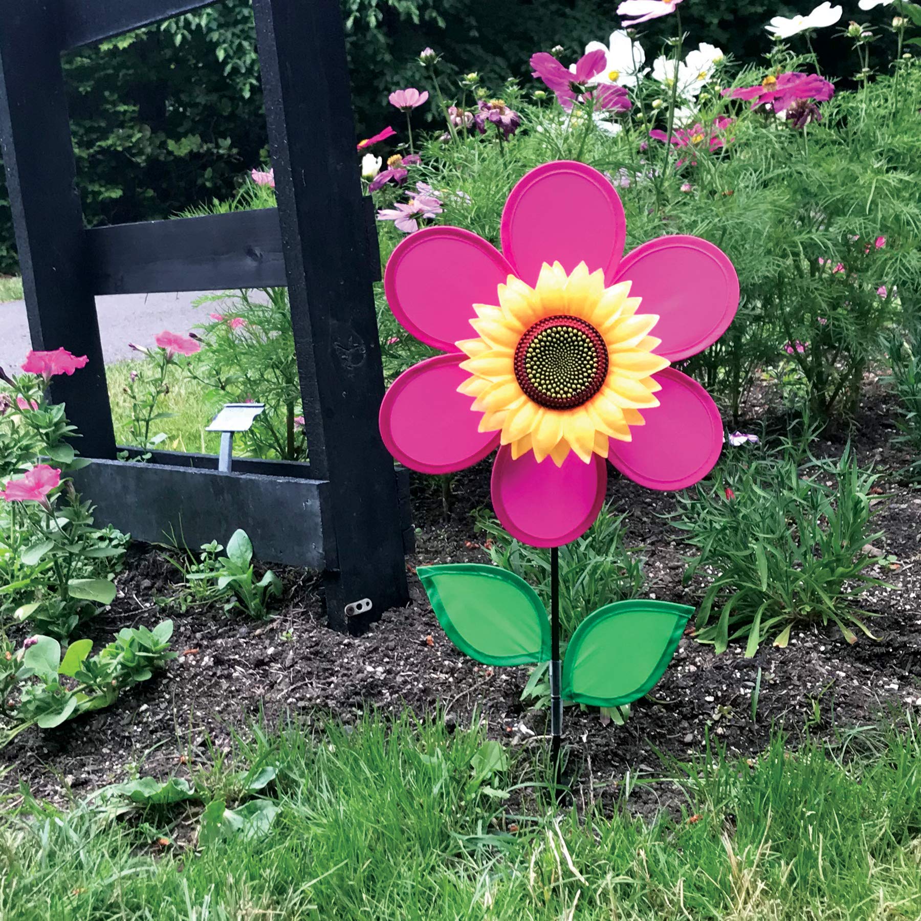 Pink Sunflower Wind Spinner – 12-Inch In the Breeze Garden Decor with Fiberglass Frame