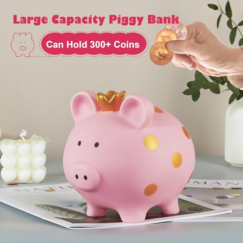 Pink Unbreakable Piggy Bank for Girls with Crown - Large Plastic Coin Bank by EVTHSU