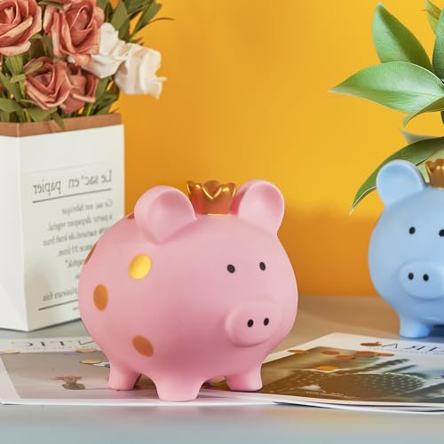 Pink Unbreakable Piggy Bank for Girls with Crown - Large Plastic Coin Bank by EVTHSU
