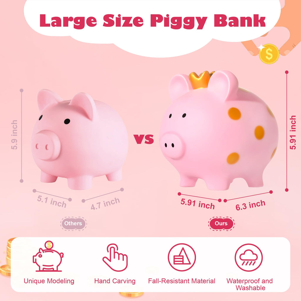 Pink Unbreakable Piggy Bank for Girls with Crown - Large Plastic Coin Bank by EVTHSU