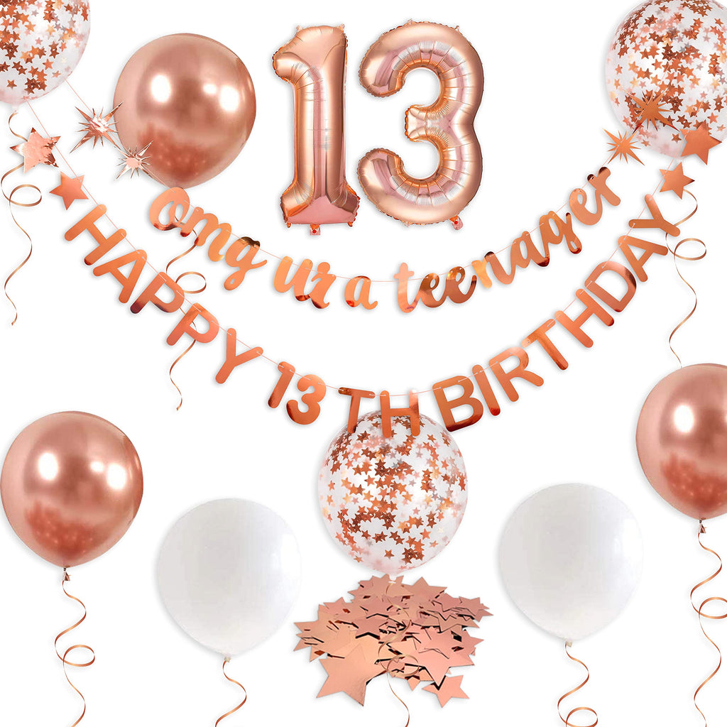 pinkblume Rose Gold 13th Birthday Banner Set – OMG Ur A Teenager & Happy 13th Decorations