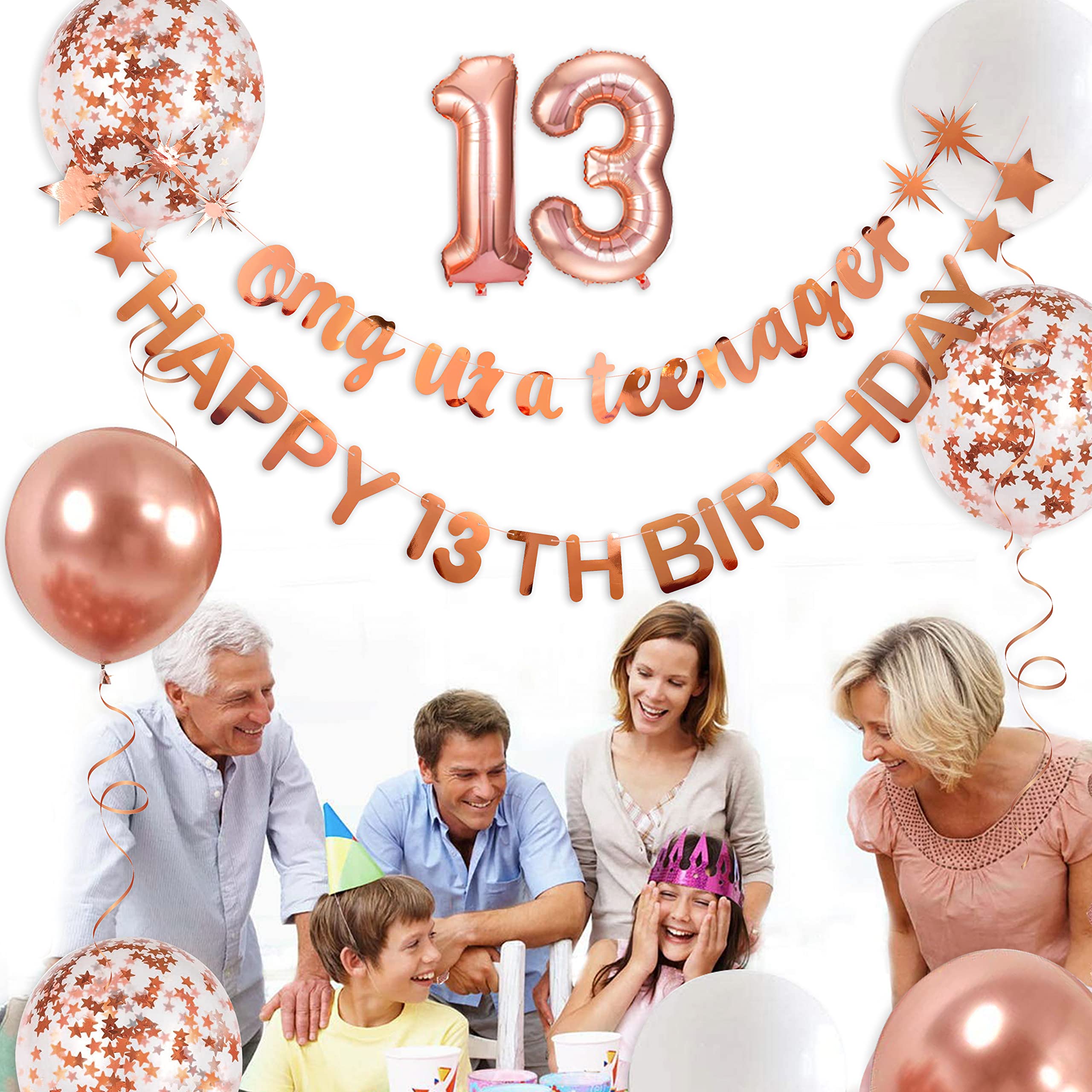 pinkblume Rose Gold 13th Birthday Banner Set – OMG Ur A Teenager & Happy 13th Decorations