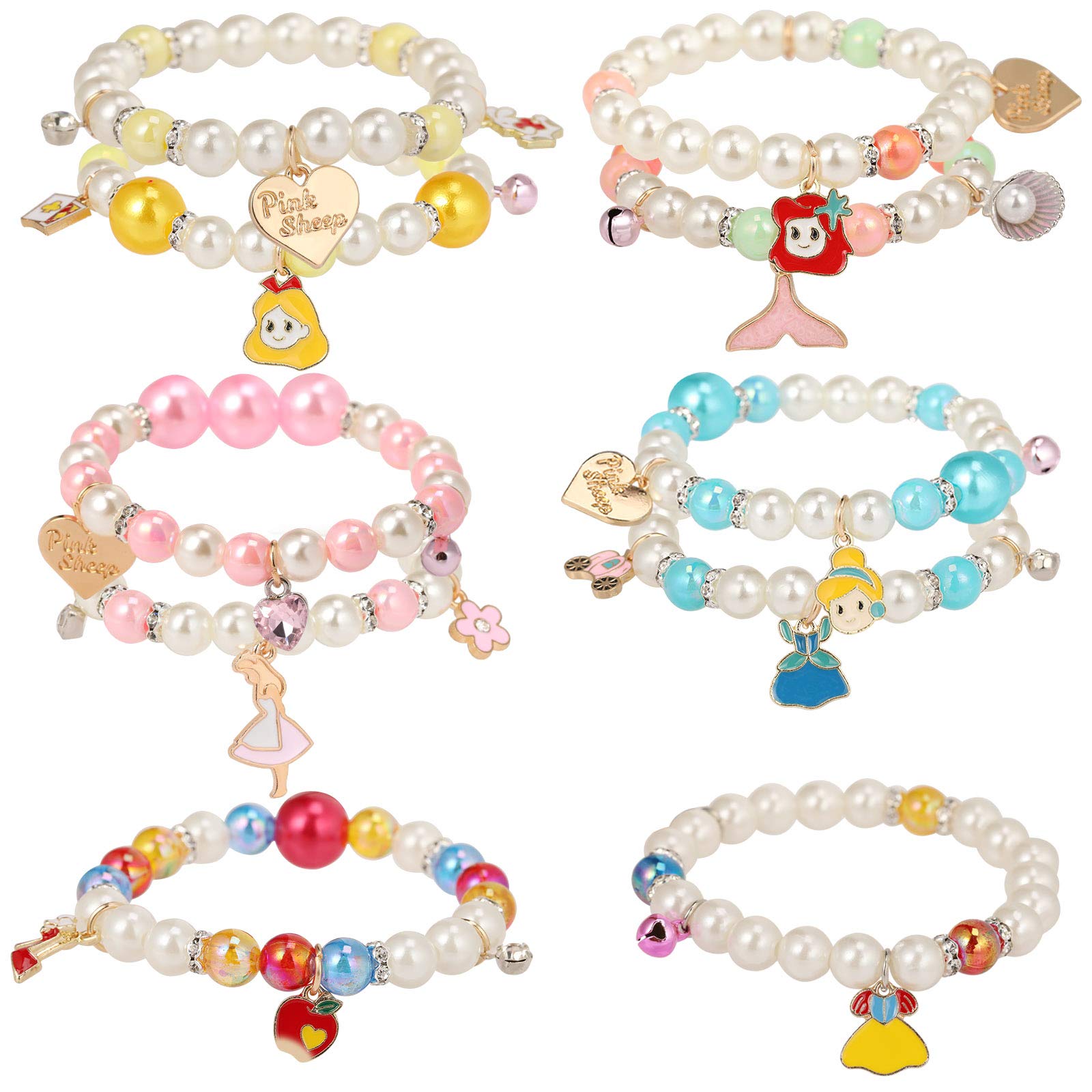 PinkSheep 10-Pack Pearl Bead Stretch Bracelets for Kids – Princess-Themed Charm Bracelet Set for Girls, Party Favors, and Pretend Play