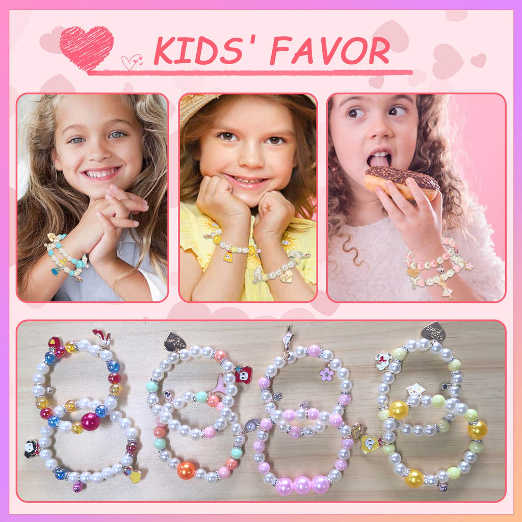 PinkSheep 10-Pack Pearl Bead Stretch Bracelets for Kids – Princess-Themed Charm Bracelet Set for Girls, Party Favors, and Pretend Play