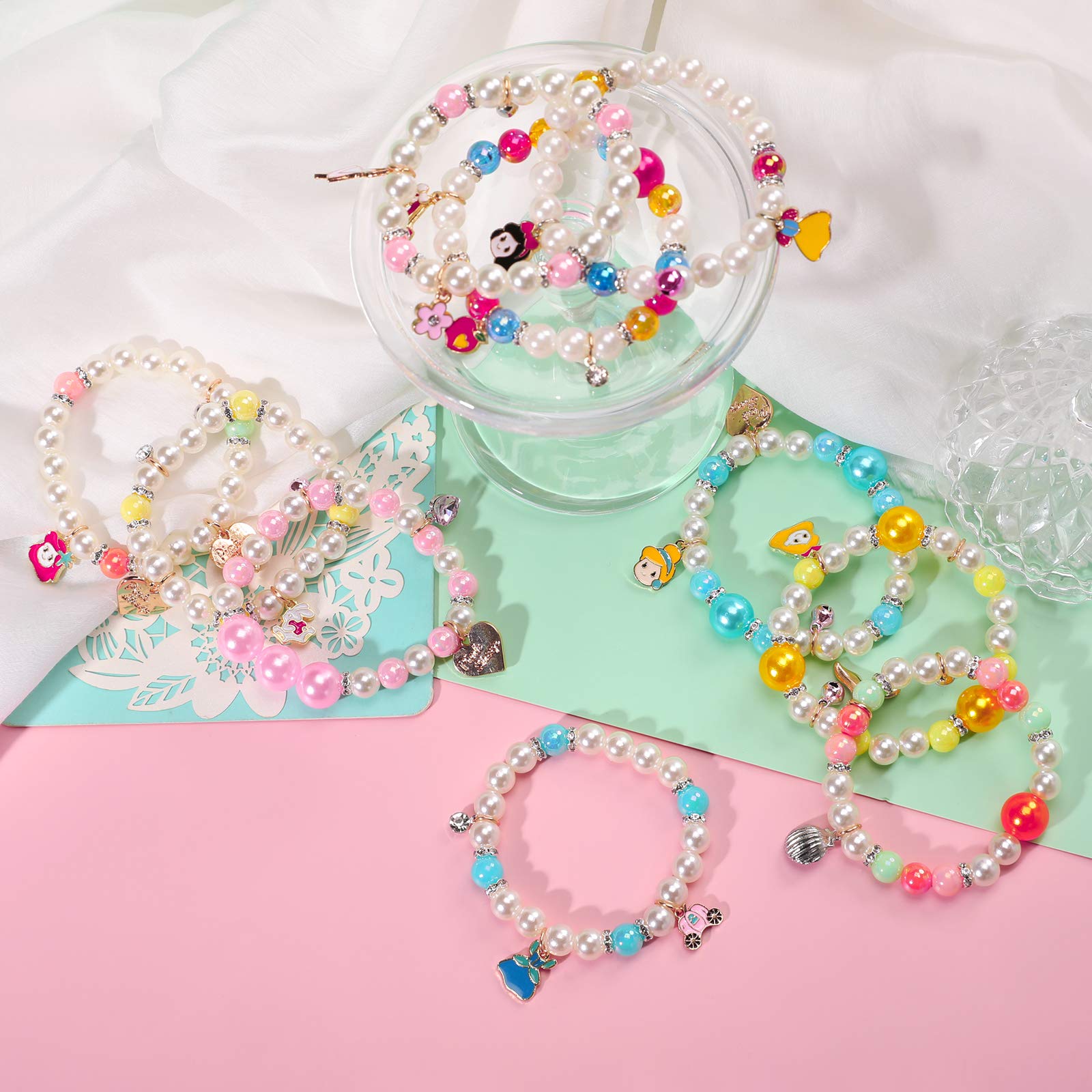 PinkSheep 10-Pack Pearl Bead Stretch Bracelets for Kids – Princess-Themed Charm Bracelet Set for Girls, Party Favors, and Pretend Play