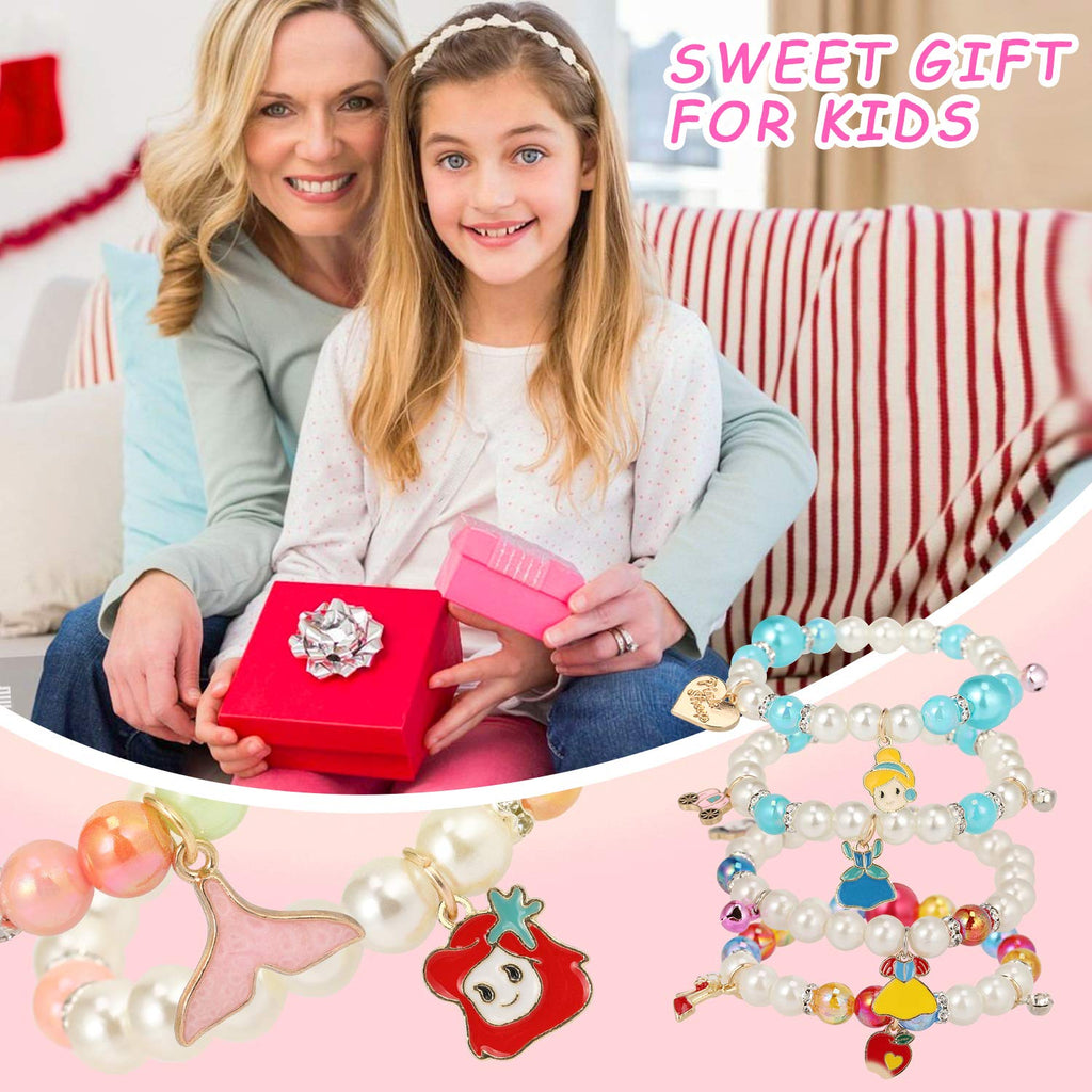 PinkSheep 10-Pack Pearl Bead Stretch Bracelets for Kids – Princess-Themed Charm Bracelet Set for Girls, Party Favors, and Pretend Play