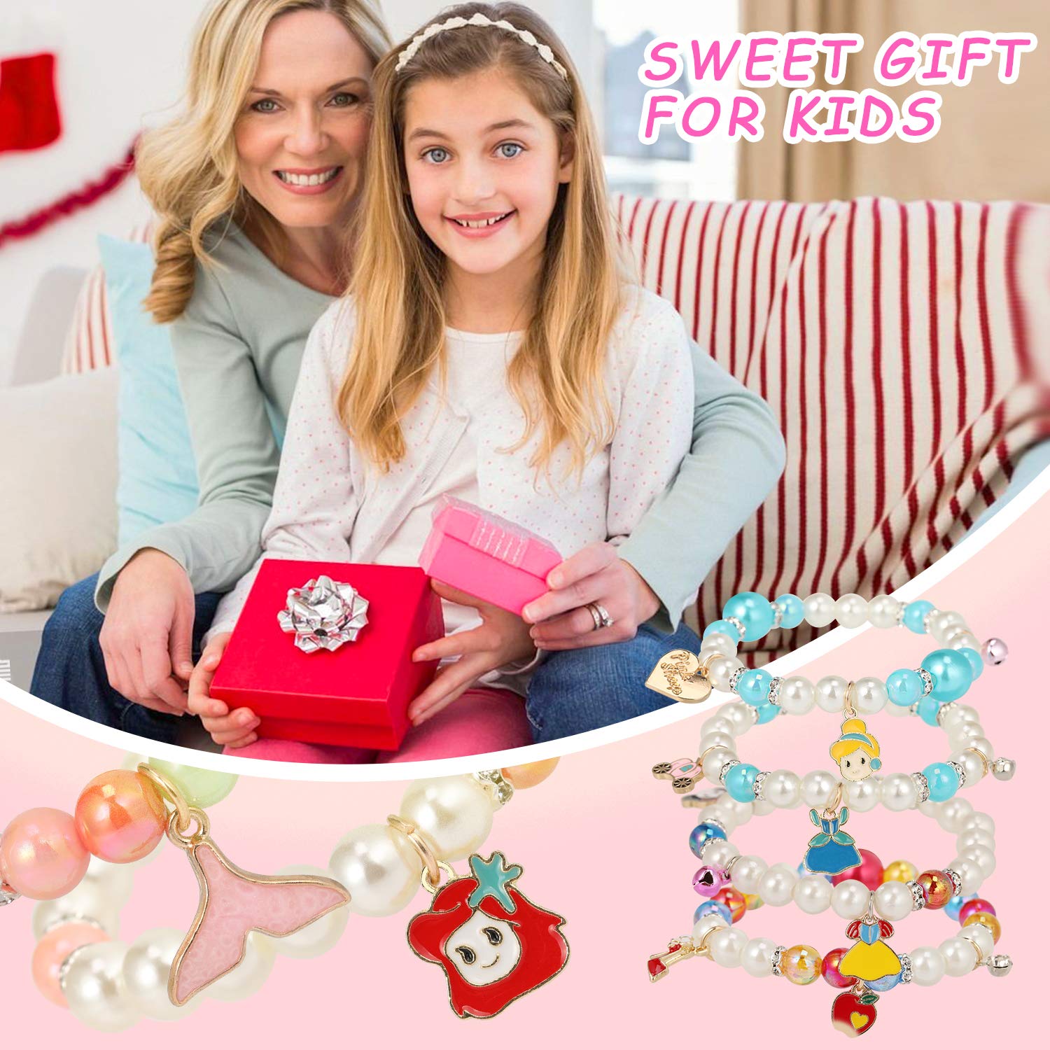 PinkSheep 10-Pack Pearl Bead Stretch Bracelets for Kids – Princess-Themed Charm Bracelet Set for Girls, Party Favors, and Pretend Play