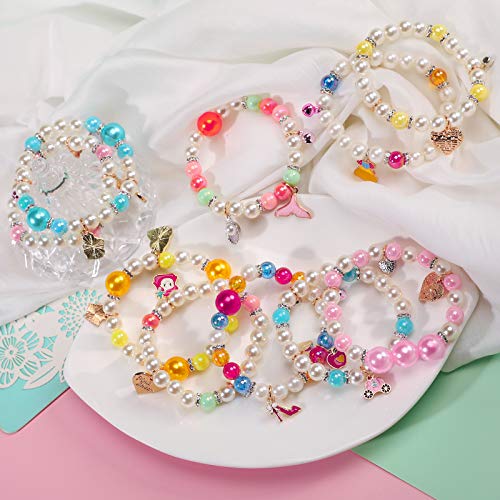 PinkSheep 10-Pack Pearl Bead Stretch Bracelets for Kids – Princess-Themed Charm Bracelet Set for Girls, Party Favors, and Pretend Play