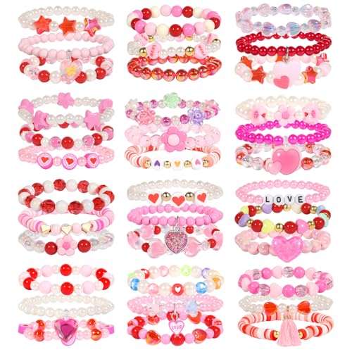 PinkSheep 36-Piece Kids Bracelet Set - Handmade Acrylic & Resin Bracelets for Girls Ages 3-8, Party Favors