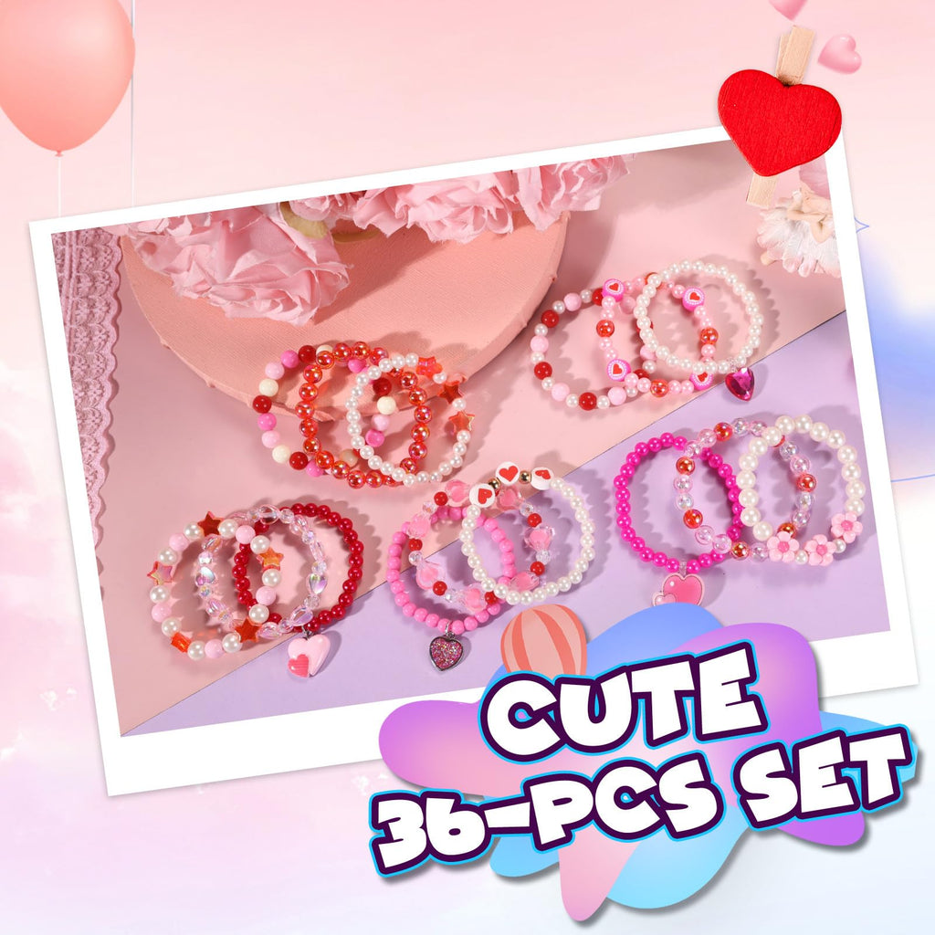 PinkSheep 36-Piece Kids Bracelet Set - Handmade Acrylic & Resin Bracelets for Girls Ages 3-8, Party Favors