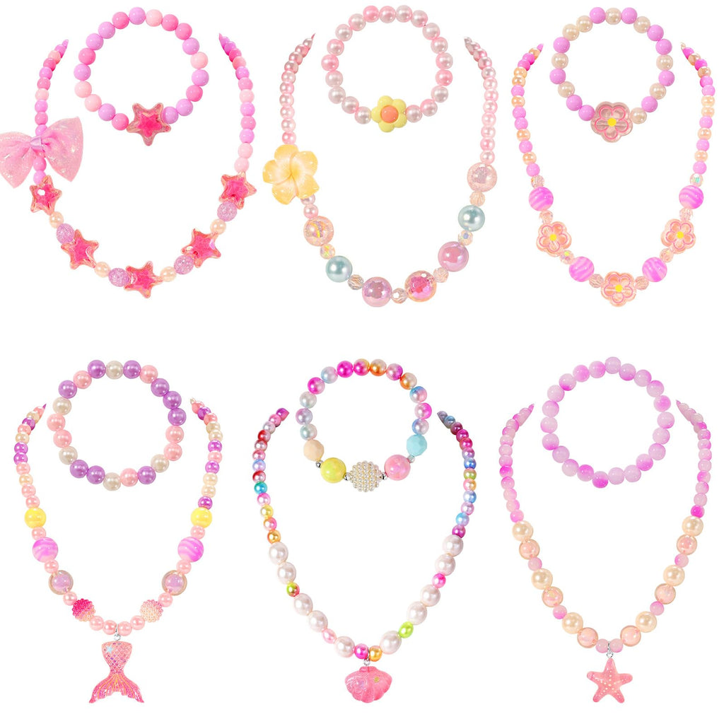 PinkSheep 6-Piece Beaded Jewelry Set for Little Girls - Necklaces and Bracelets with Heart & Mermaid Themes