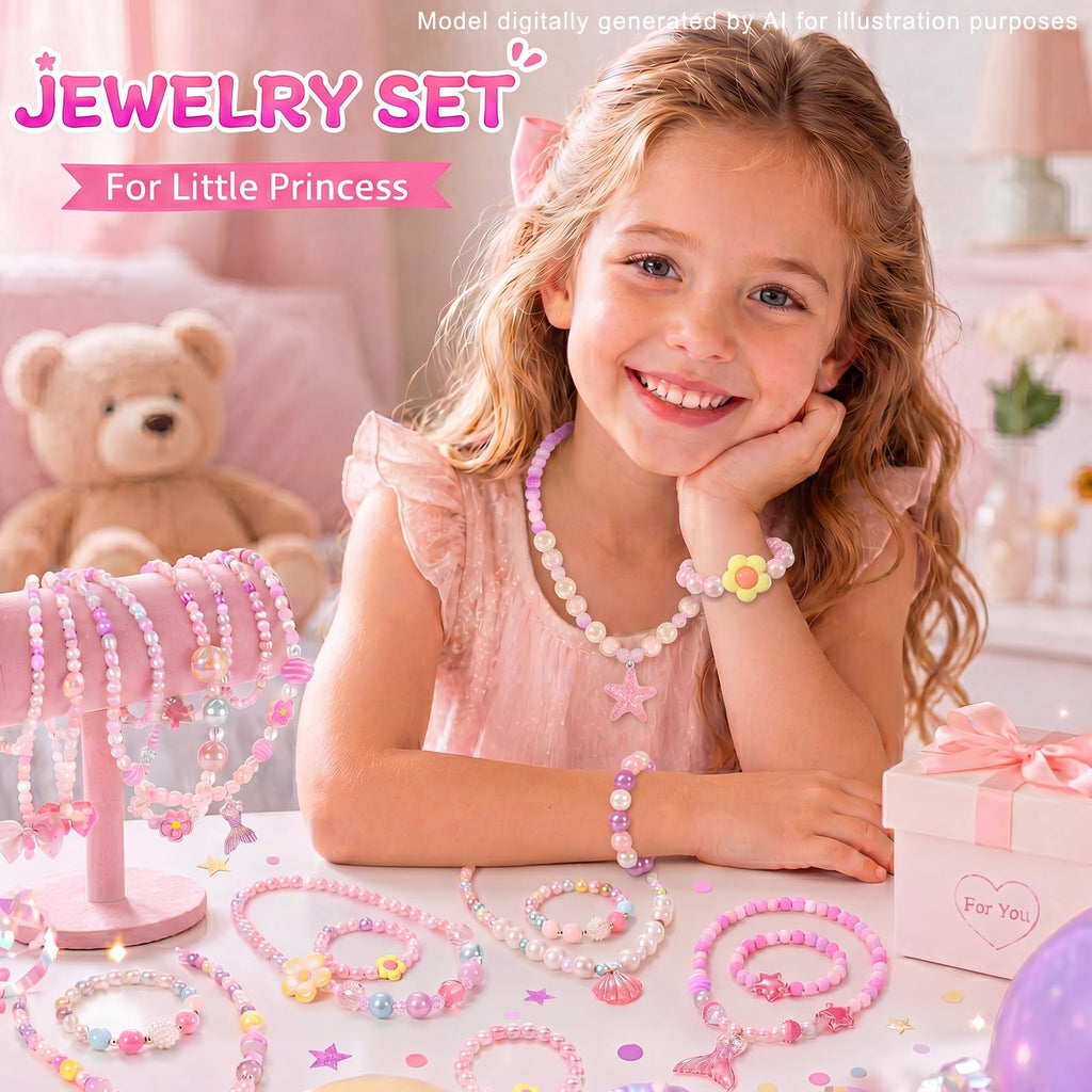 PinkSheep 6-Piece Beaded Jewelry Set for Little Girls - Necklaces and Bracelets with Heart & Mermaid Themes