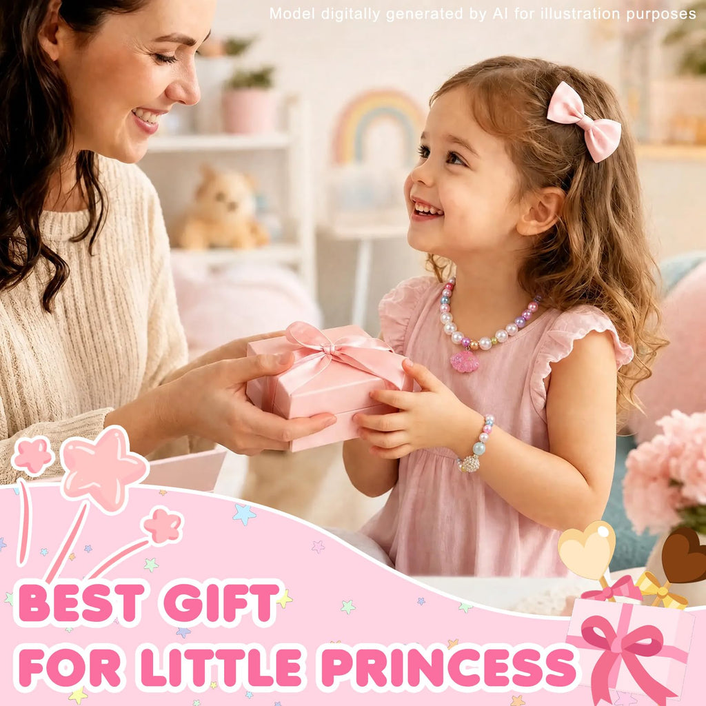 PinkSheep 6-Piece Beaded Jewelry Set for Little Girls - Necklaces and Bracelets with Heart & Mermaid Themes