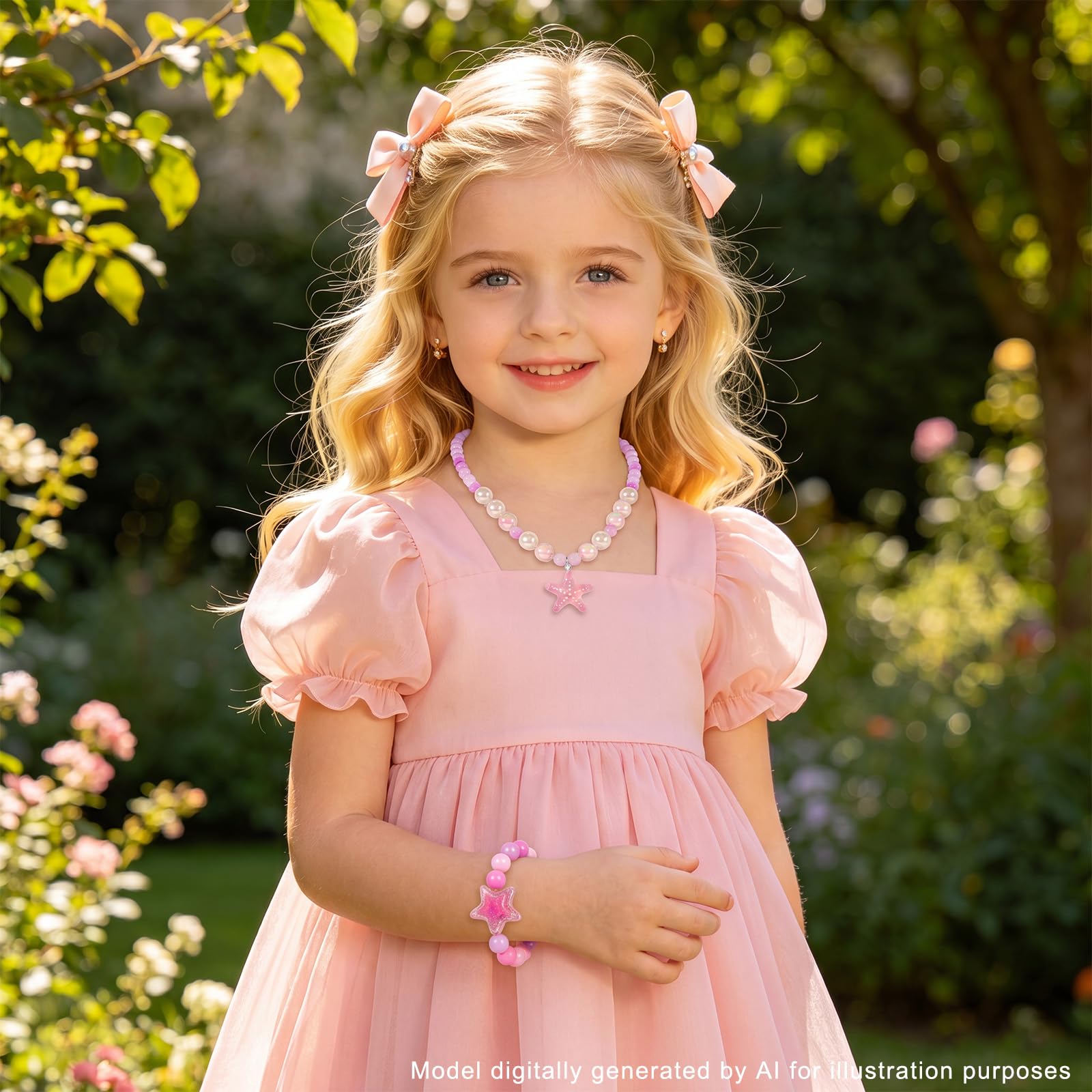 PinkSheep 6-Piece Beaded Jewelry Set for Little Girls - Necklaces and Bracelets with Heart & Mermaid Themes