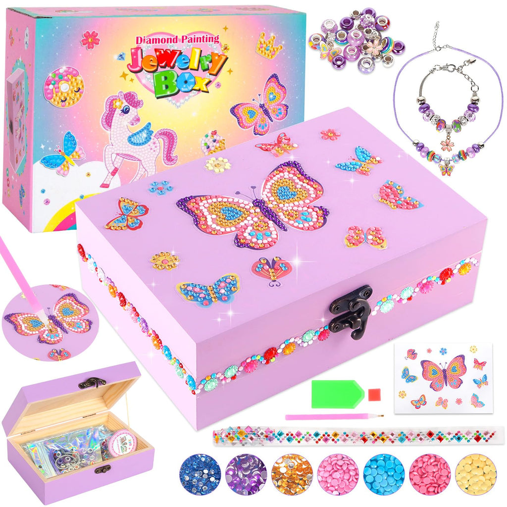 PinkSheep Butterfly Jewelry Box DIY Kit for Girls 6-12 - Wooden Treasure Box with Necklace & Bracelet