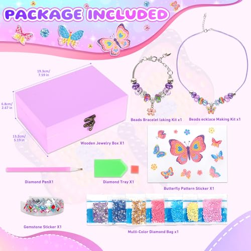 PinkSheep Butterfly Jewelry Box DIY Kit for Girls 6-12 - Wooden Treasure Box with Necklace & Bracelet