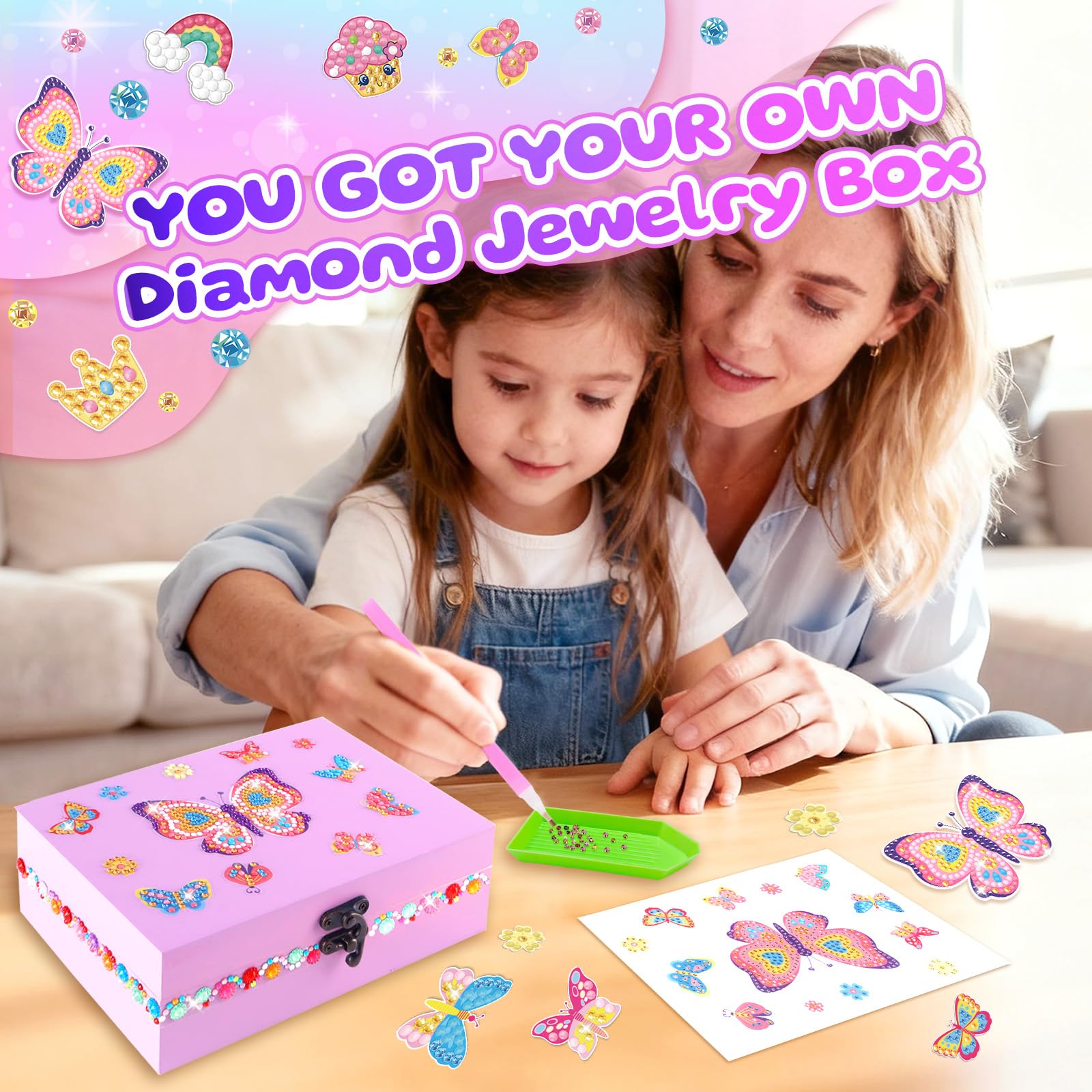 PinkSheep Butterfly Jewelry Box DIY Kit for Girls 6-12 - Wooden Treasure Box with Necklace & Bracelet