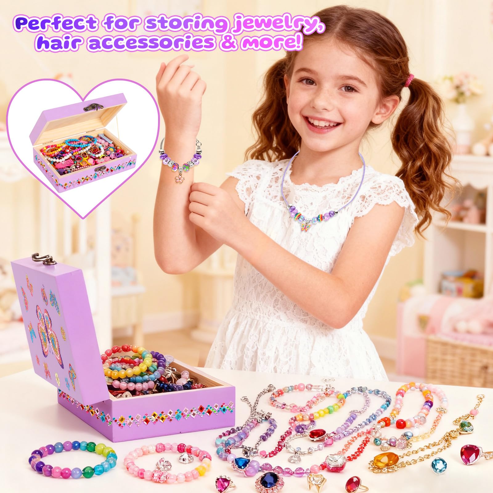 PinkSheep Butterfly Jewelry Box DIY Kit for Girls 6-12 - Wooden Treasure Box with Necklace & Bracelet