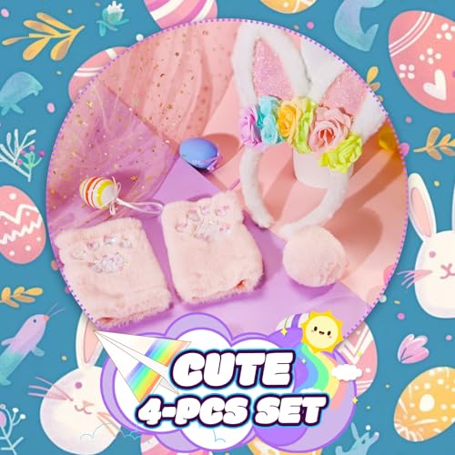 PinkSheep Easter Bunny Ears Headband, Tail & Gloves Set for Girls – Nylon, Machine Washable