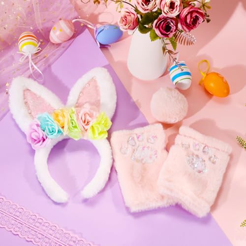 PinkSheep Easter Bunny Ears Headband, Tail & Gloves Set for Girls – Nylon, Machine Washable