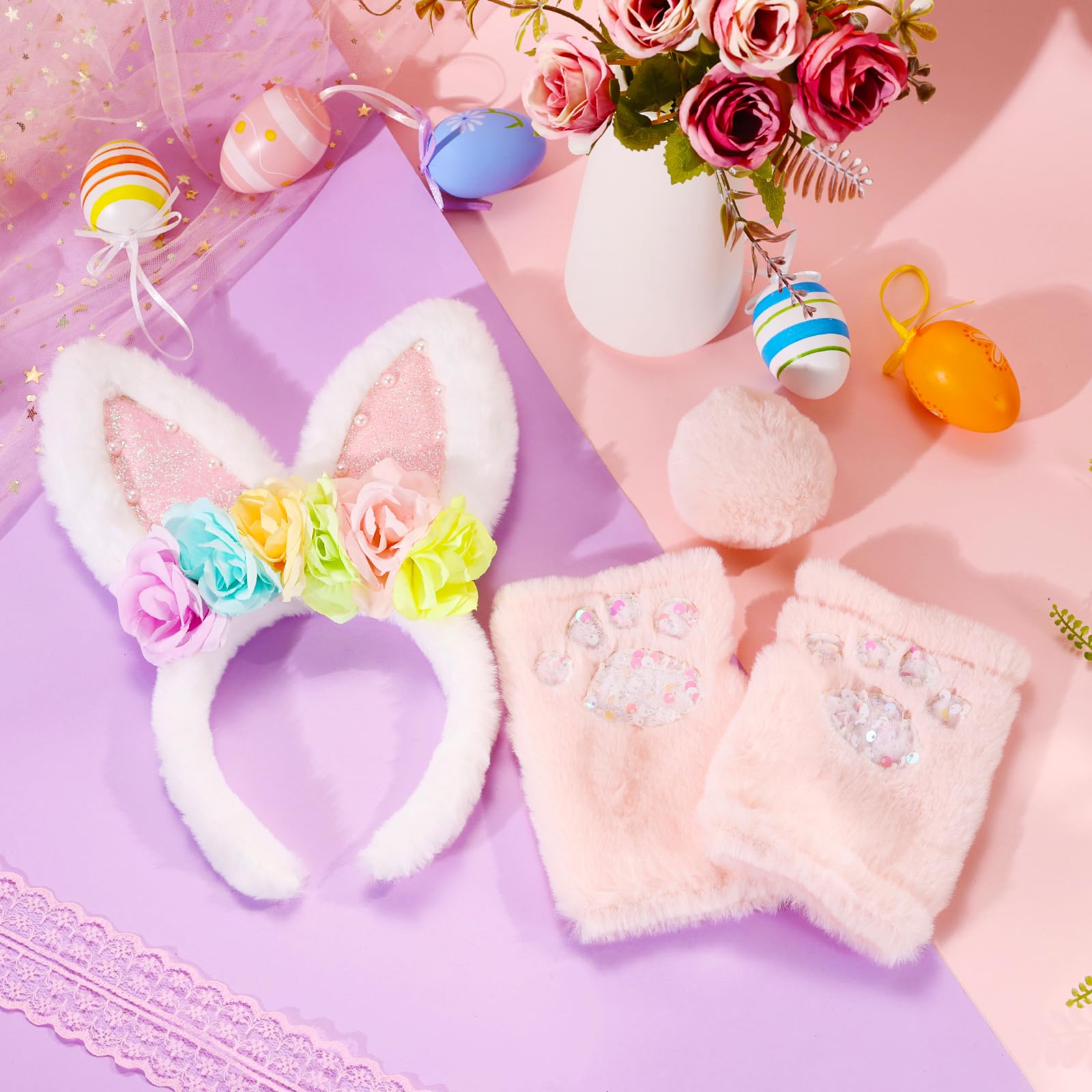 PinkSheep Easter Bunny Ears Headband, Tail & Gloves Set for Girls – Nylon, Machine Washable