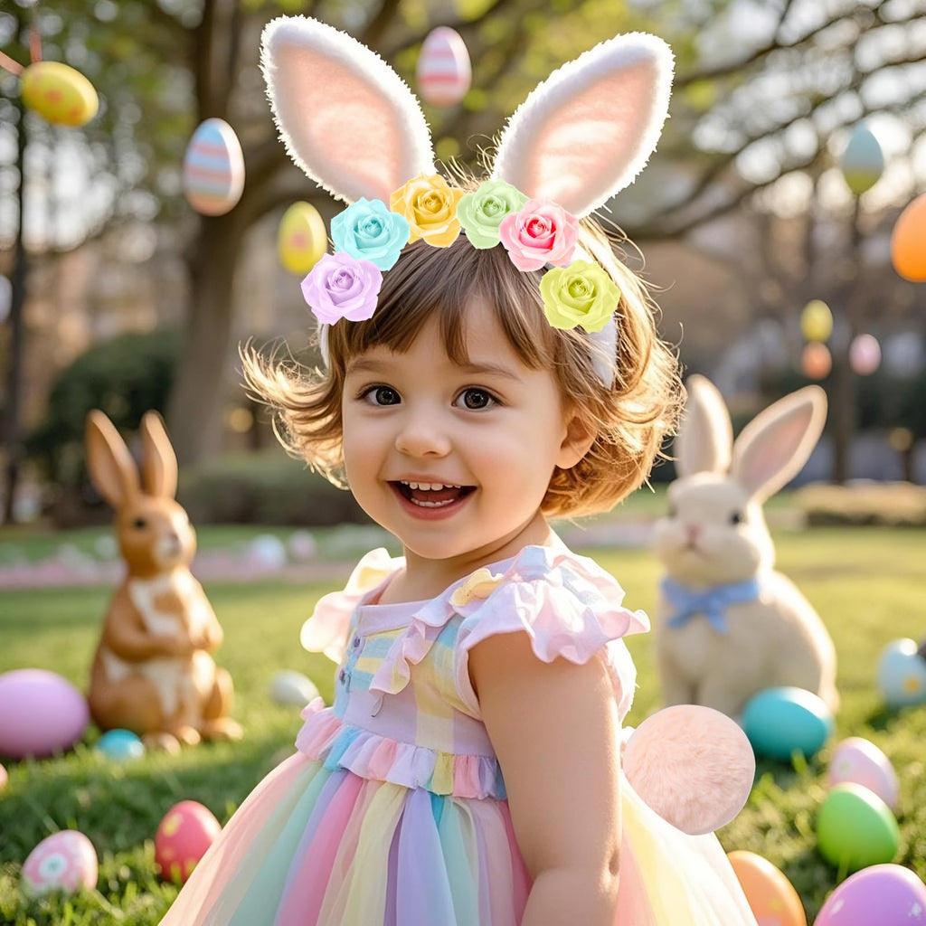 PinkSheep Easter Bunny Ears Headband, Tail & Gloves Set for Girls – Nylon, Machine Washable