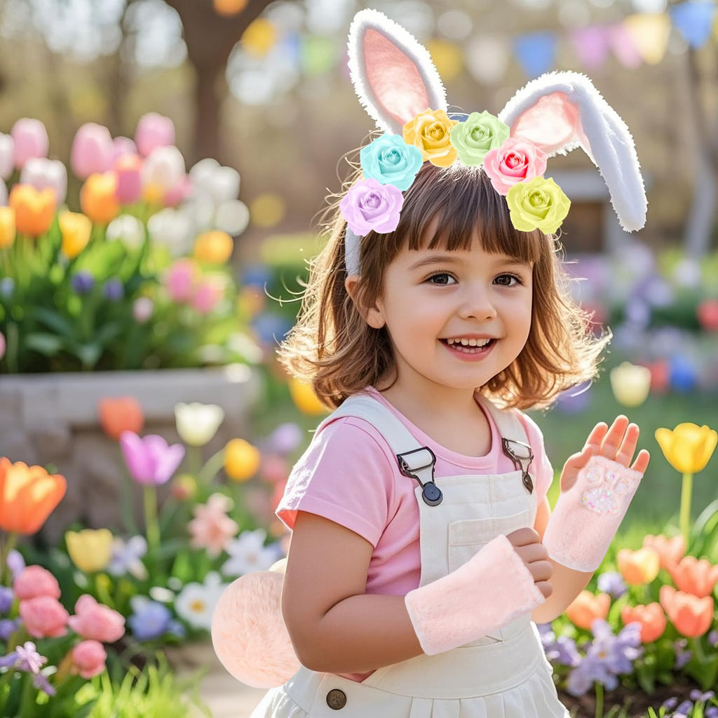 PinkSheep Easter Bunny Ears Headband, Tail & Gloves Set for Girls – Nylon, Machine Washable