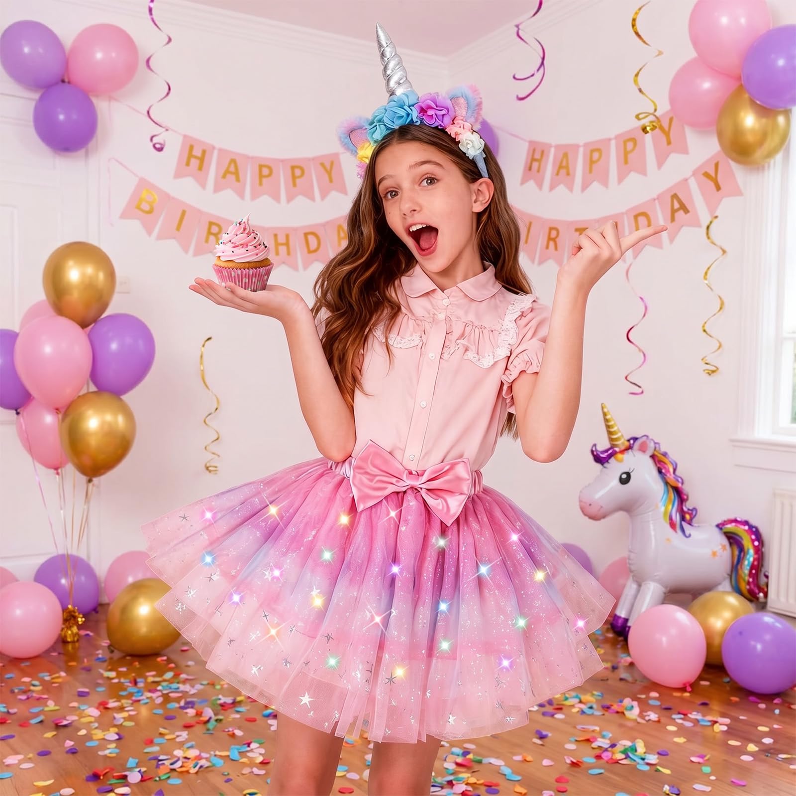 PinkSheep LED Light-Up Tutu Skirt & Headband Costume Set for Girls
