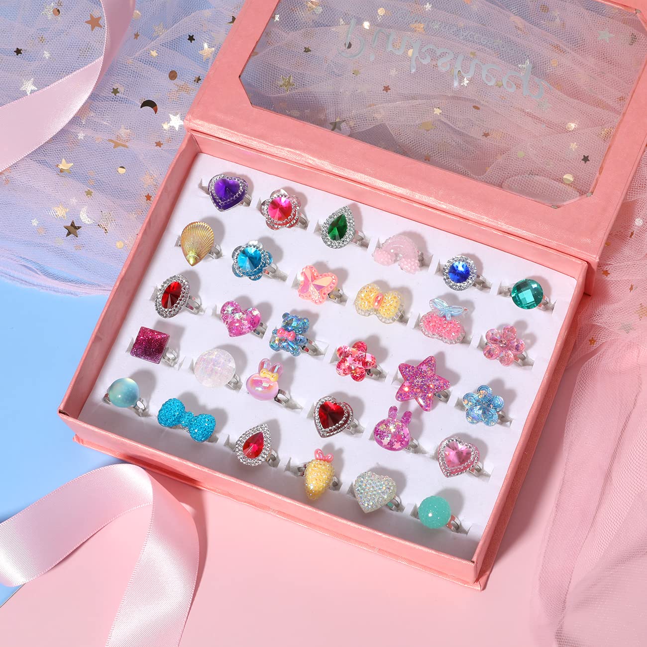 PinkSheep Little Girl Jewel Rings – Adjustable Toddler Rings for Ages 3-8, Dress-Up Jewelry with Gift Box