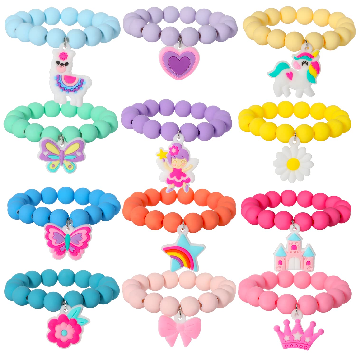 PinkSheep Rainbow Bracelet Set – 12 Colorful Beaded Bracelets with Unicorn, Butterfly & Bunny Charms for Little Girls