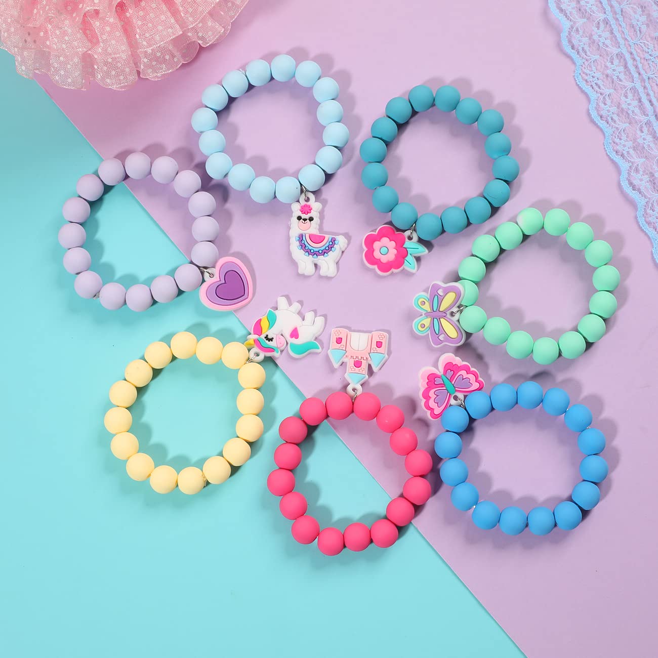 PinkSheep Rainbow Bracelet Set – 12 Colorful Beaded Bracelets with Unicorn, Butterfly & Bunny Charms for Little Girls