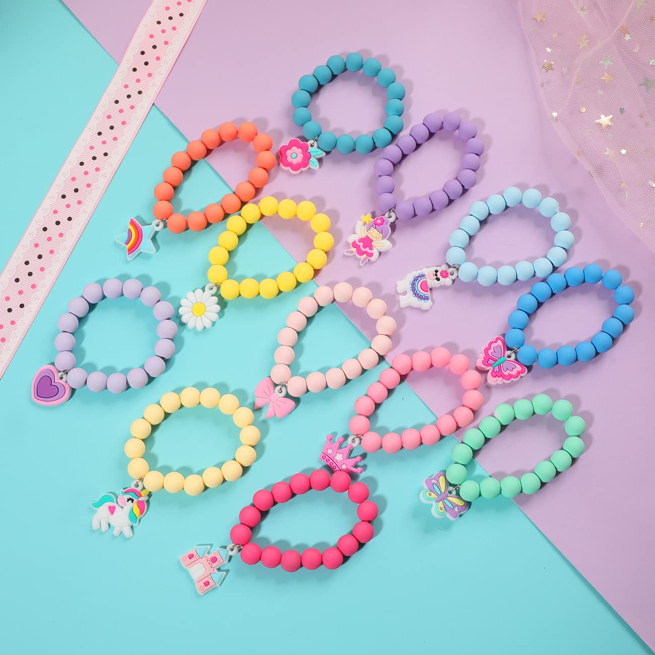 PinkSheep Rainbow Bracelet Set – 12 Colorful Beaded Bracelets with Unicorn, Butterfly & Bunny Charms for Little Girls