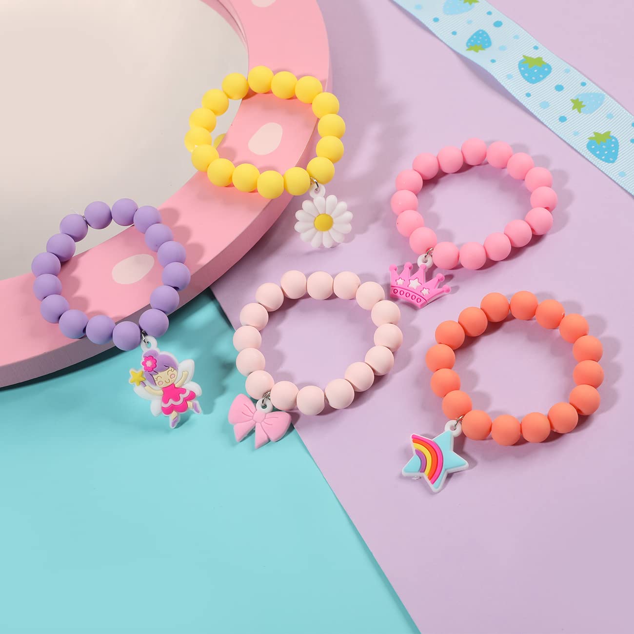 PinkSheep Rainbow Bracelet Set – 12 Colorful Beaded Bracelets with Unicorn, Butterfly & Bunny Charms for Little Girls