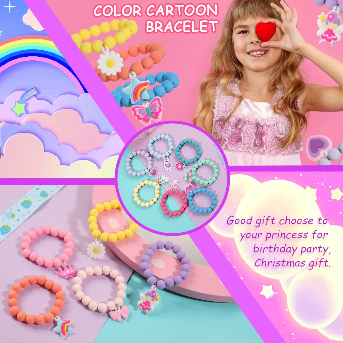 PinkSheep Rainbow Bracelet Set – 12 Colorful Beaded Bracelets with Unicorn, Butterfly & Bunny Charms for Little Girls