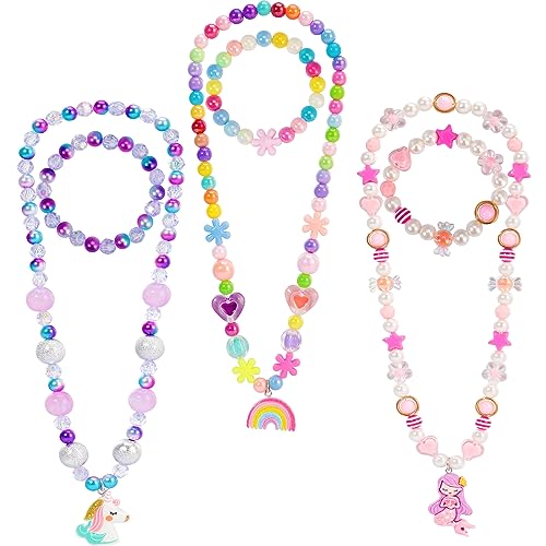 PinkSheep Toddler Jewelry Set - 3 Necklaces & 3 Bracelets for Little Girls (Ages 3-8) in Gift Box