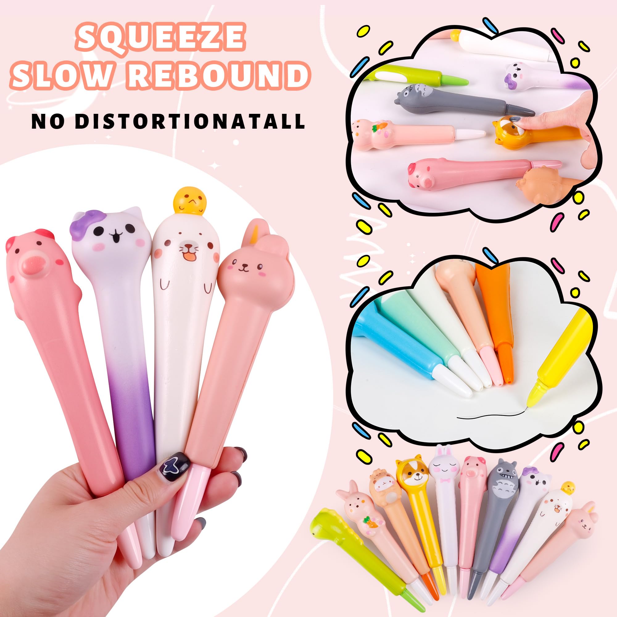Pipigaty 10-Pack Kawaii Squishy Pens - Cute Animal Gel Pens for Easter Baskets, School Rewards, Stress Relief - 10 Different Shapes with Black Refills