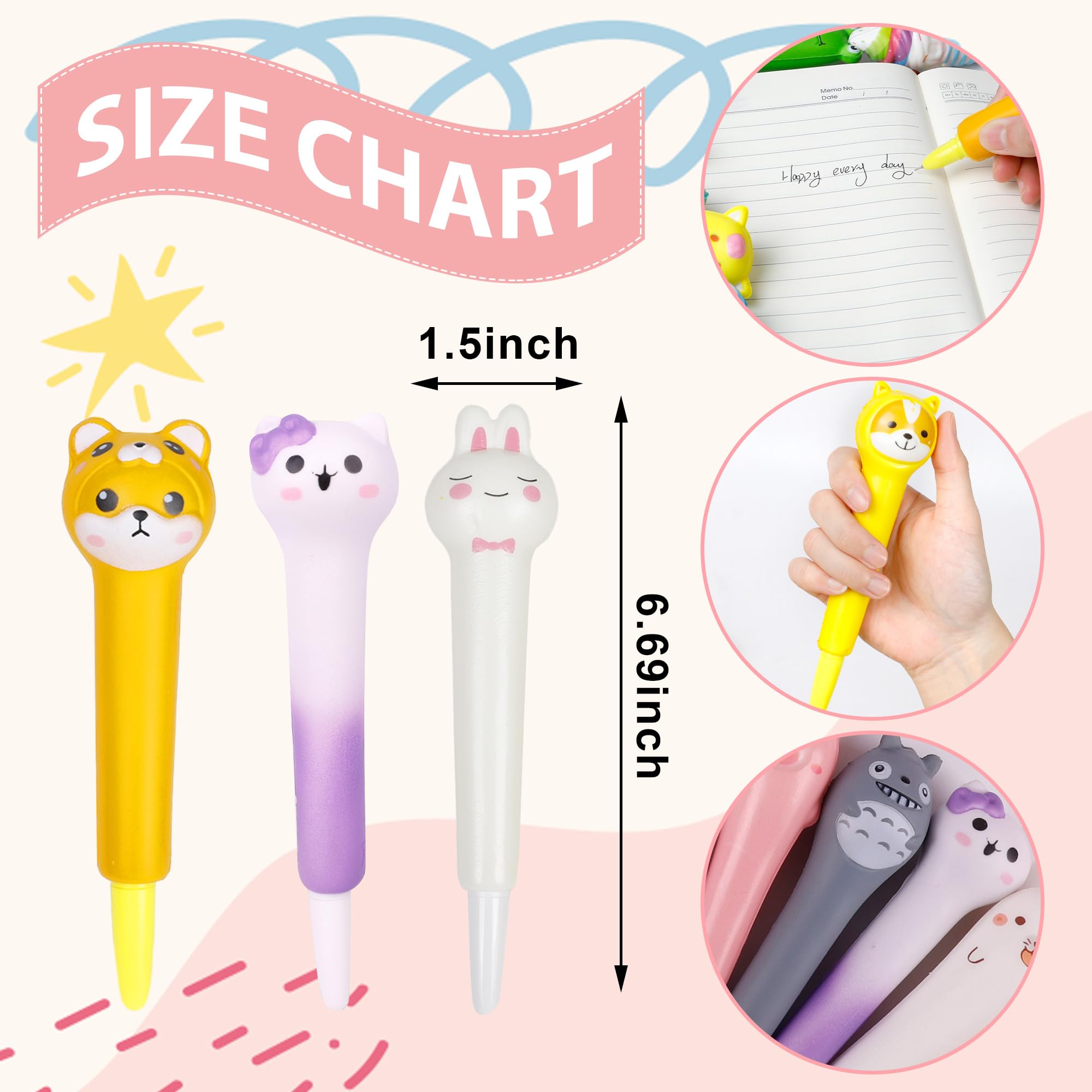 Pipigaty 10-Pack Kawaii Squishy Pens - Cute Animal Gel Pens for Easter Baskets, School Rewards, Stress Relief - 10 Different Shapes with Black Refills