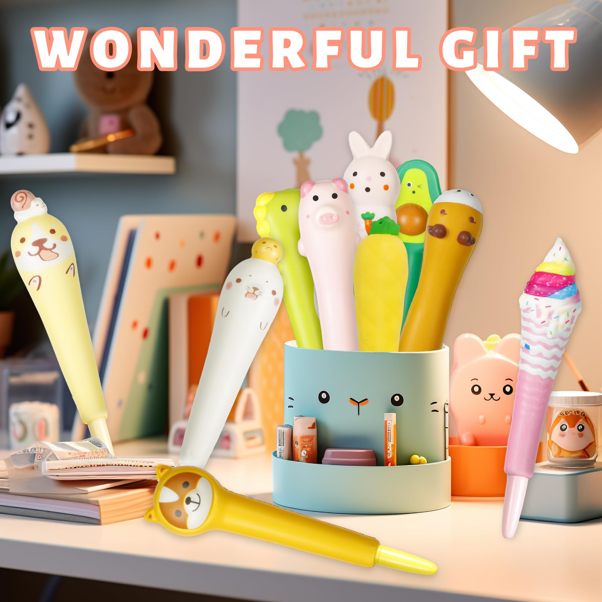 Pipigaty 10-Pack Kawaii Squishy Pens - Cute Animal Gel Pens for Easter Baskets, School Rewards, Stress Relief - 10 Different Shapes with Black Refills
