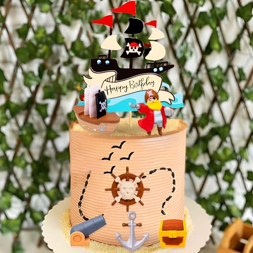 Pirate Birthday Cake Topper and Cupcake Picks Set – 8-Piece Treasure Hunt Cake Decorations by Roaring Good Time
