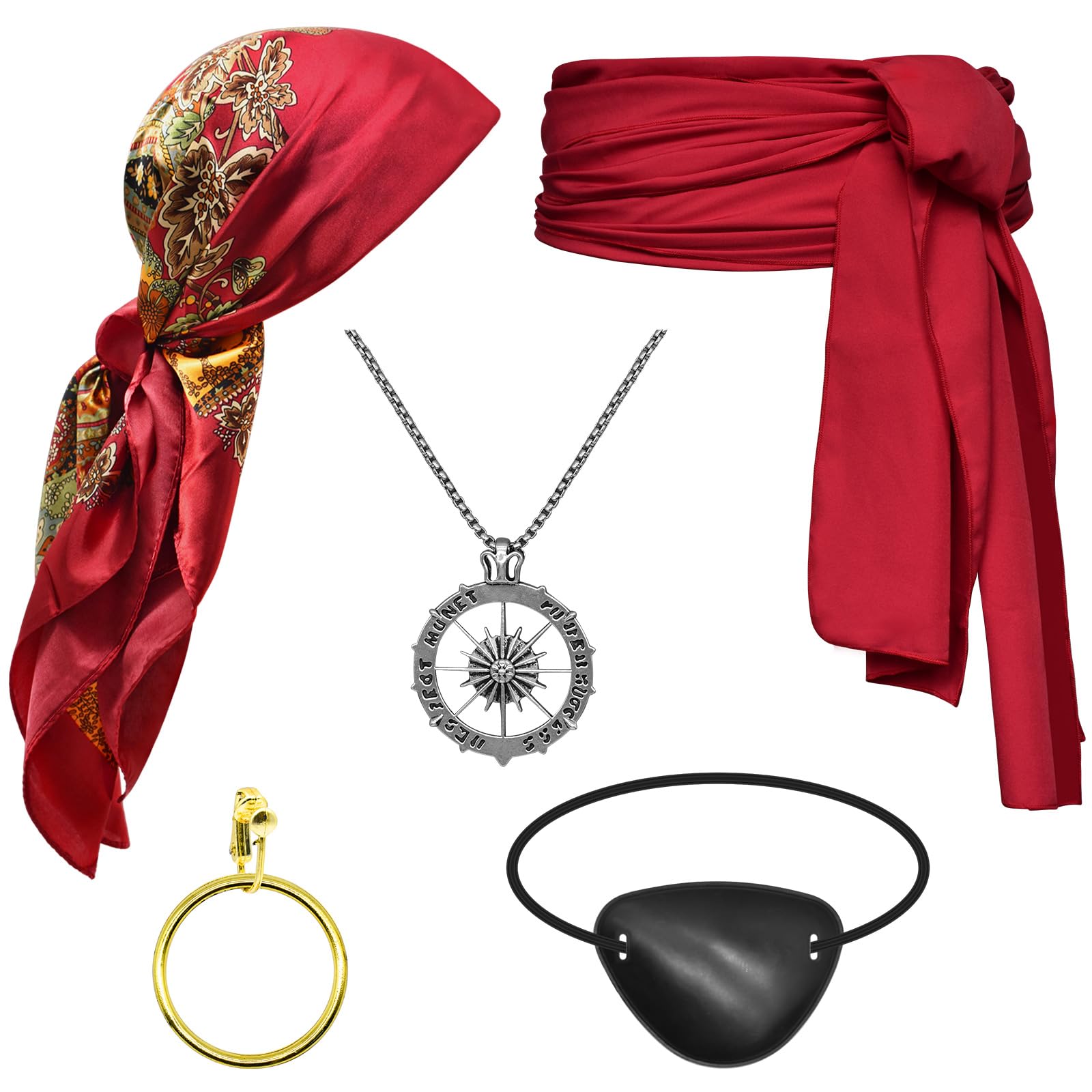 Pirate Costume Accessories Set – Bandana, Sash, Eye Patch, Coin Necklace & Earring for Halloween