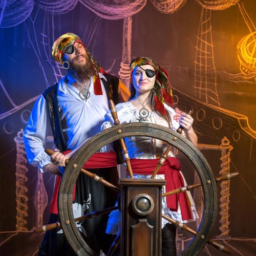 Pirate Costume Accessories Set – Bandana, Sash, Eye Patch, Coin Necklace & Earring for Halloween