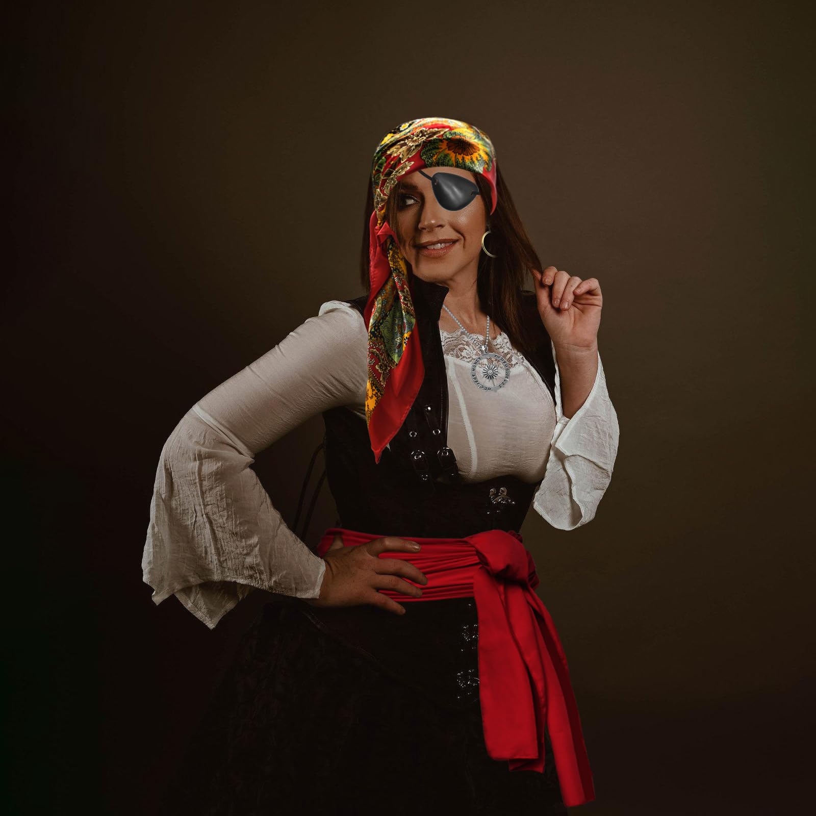 Pirate Costume Accessories Set – Bandana, Sash, Eye Patch, Coin Necklace & Earring for Halloween