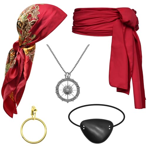 Pirate Costume Accessories Set – Bandana, Sash, Eye Patch, Coin Necklace & Earring for Halloween