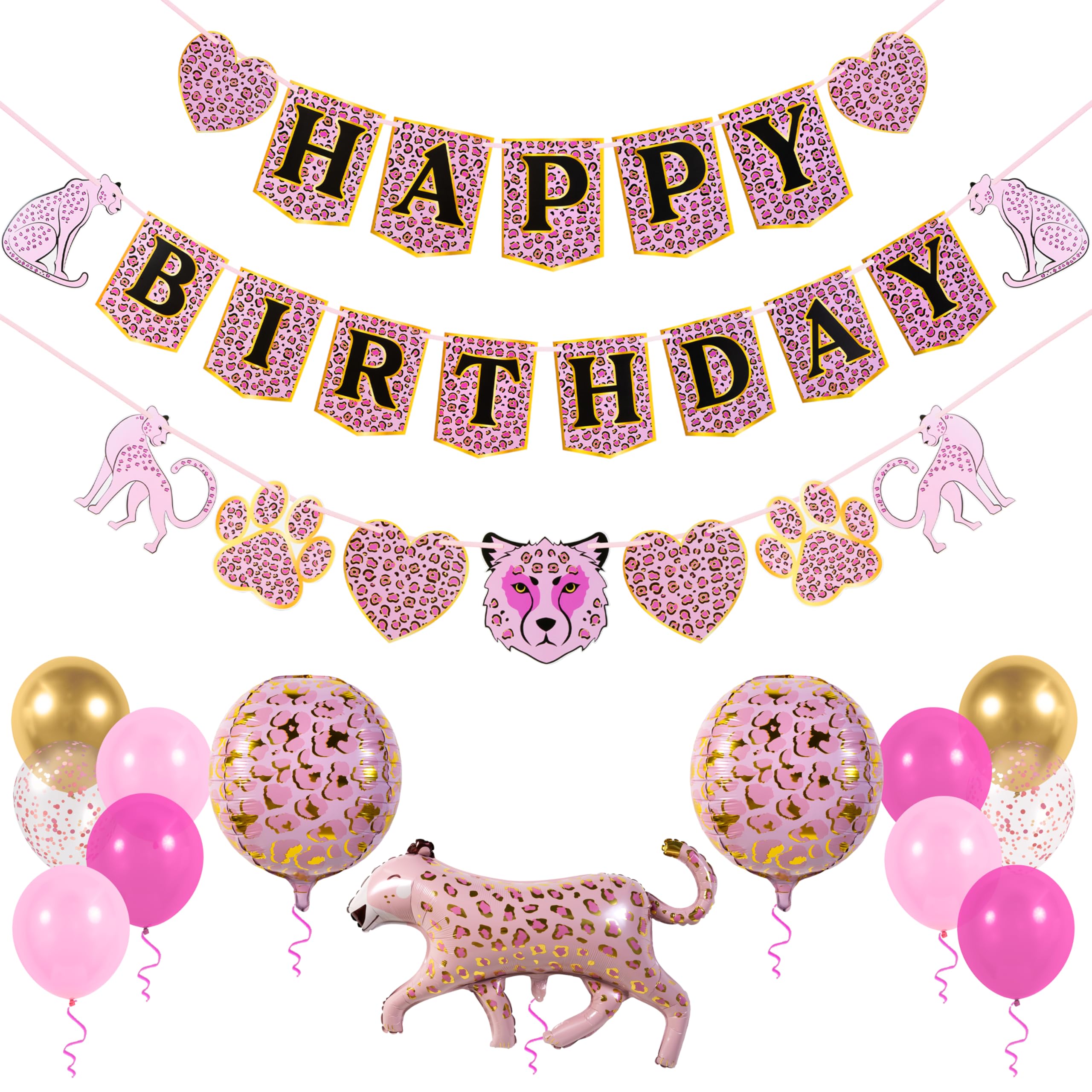 PIRESE Pink Cheetah Happy Birthday Banner Set – 13-Piece Animal Print Party Decorations