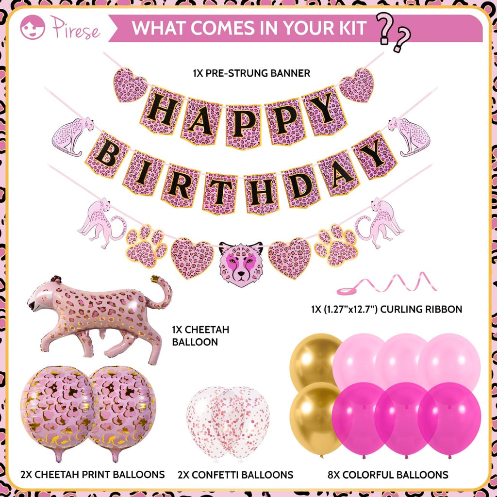 PIRESE Pink Cheetah Happy Birthday Banner Set – 13-Piece Animal Print Party Decorations