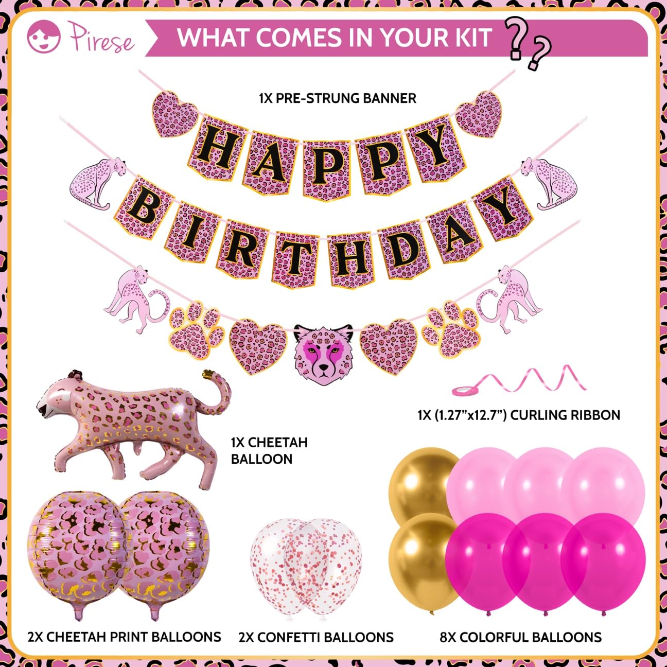 PIRESE Pink Cheetah Happy Birthday Banner Set – 13-Piece Animal Print Party Decorations