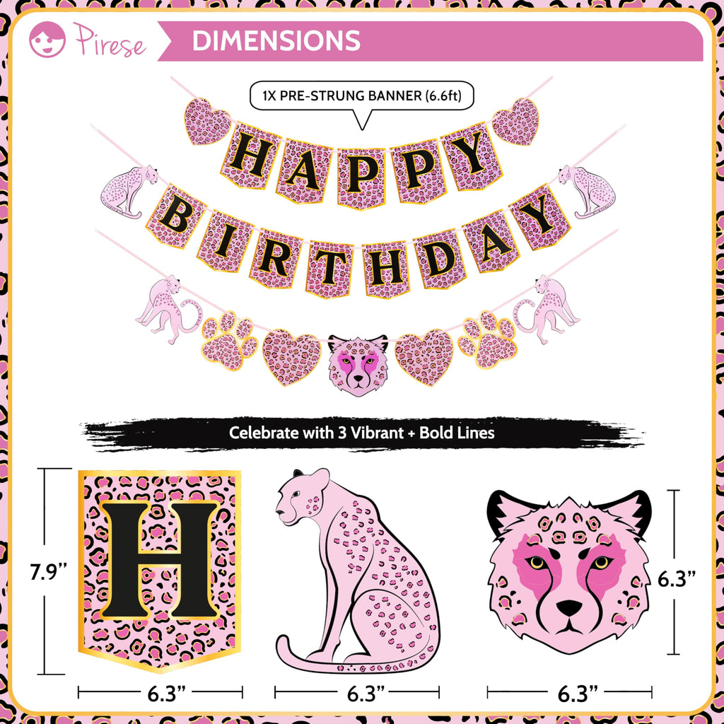 PIRESE Pink Cheetah Happy Birthday Banner Set – 13-Piece Animal Print Party Decorations