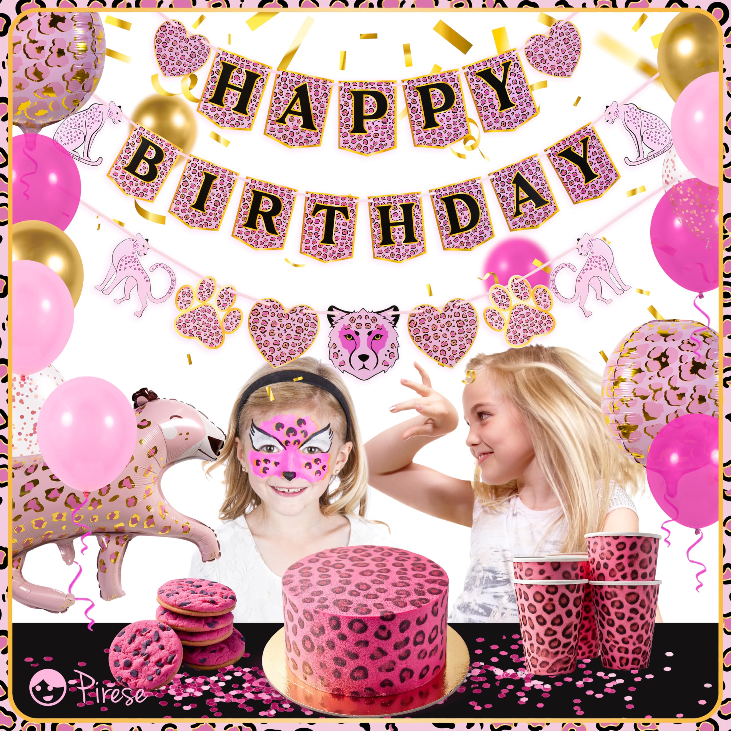 PIRESE Pink Cheetah Happy Birthday Banner Set – 13-Piece Animal Print Party Decorations