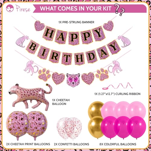 PIRESE Pink Cheetah Happy Birthday Banner Set – 13-Piece Animal Print Party Decorations